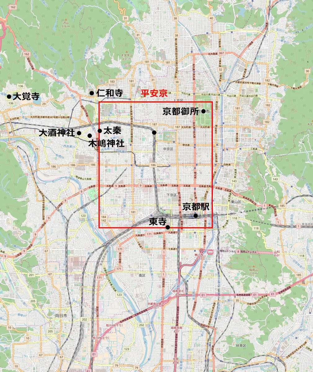 秦氏の拠点となる平安京に建立された古代の神社 (赤枠は平安京の想定位置) 引用元: Wikipedia