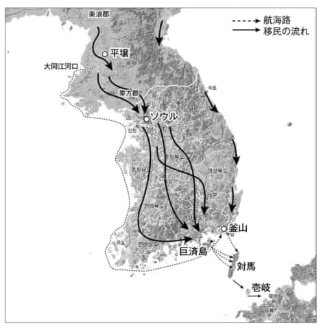 アジア大陸から朝鮮半島を経由する移民の流れと航海路