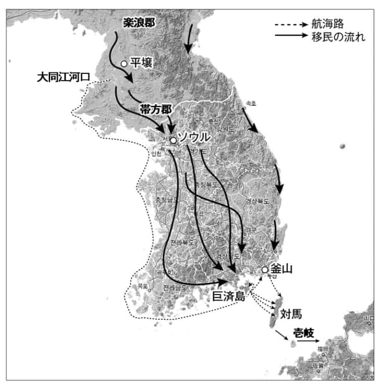 アジア大陸から朝鮮半島を経由する移民の流れと航海路