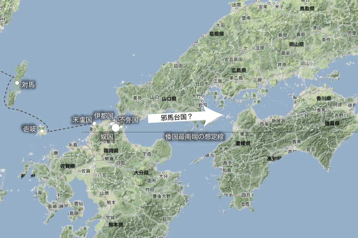 中国史書の記述に基づく奴国の位置から倭国最南端の境界線を想定