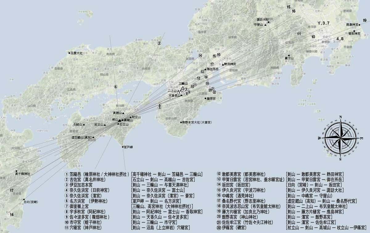 剣山と繋がる元伊勢御巡幸地のレイライン総合図