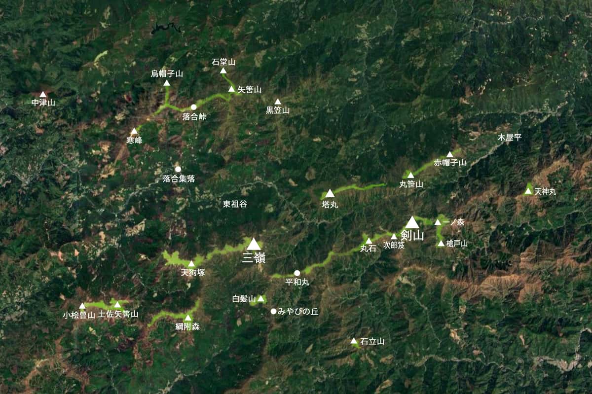 徳島の山岳地帯に広がるミヤマクマザサの分布図