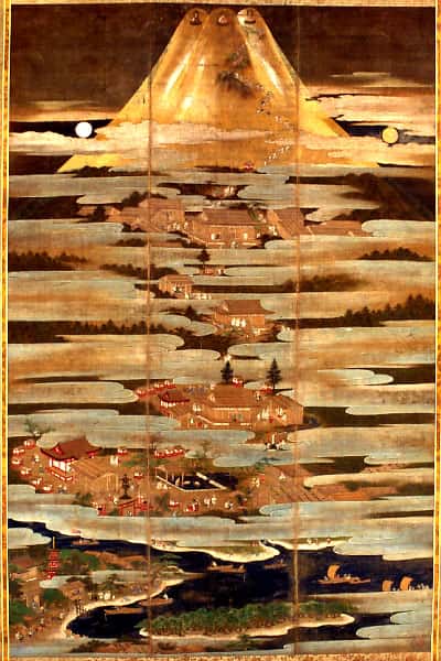 1 ⁄ 3 三峰型富士の例、『絹本着色富士曼荼羅図』 狩野元信(伝)。(重文、富士山本宮浅間大社蔵)